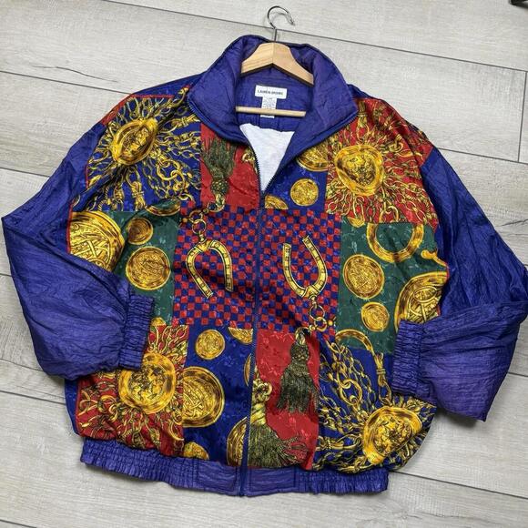 Vintage Lauren Brooke Windbreaker Jacket Sz L Baroque Patchwork Gold Chains 90s - Picture 2 of 8